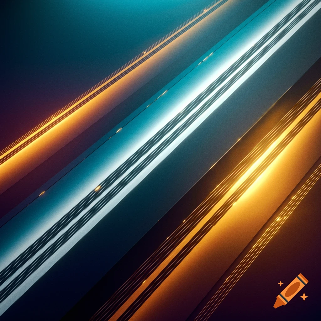 Abstract image with parallel glowing lines in orange and blue, diagonally arranged on a dark background.