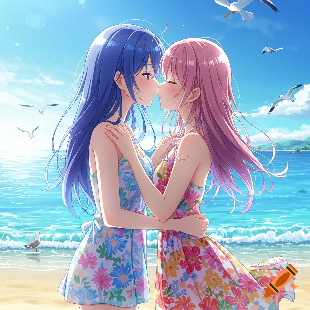 Two anime girls with blue and pink hair about to kiss on a sunny beach, with seagulls flying above.