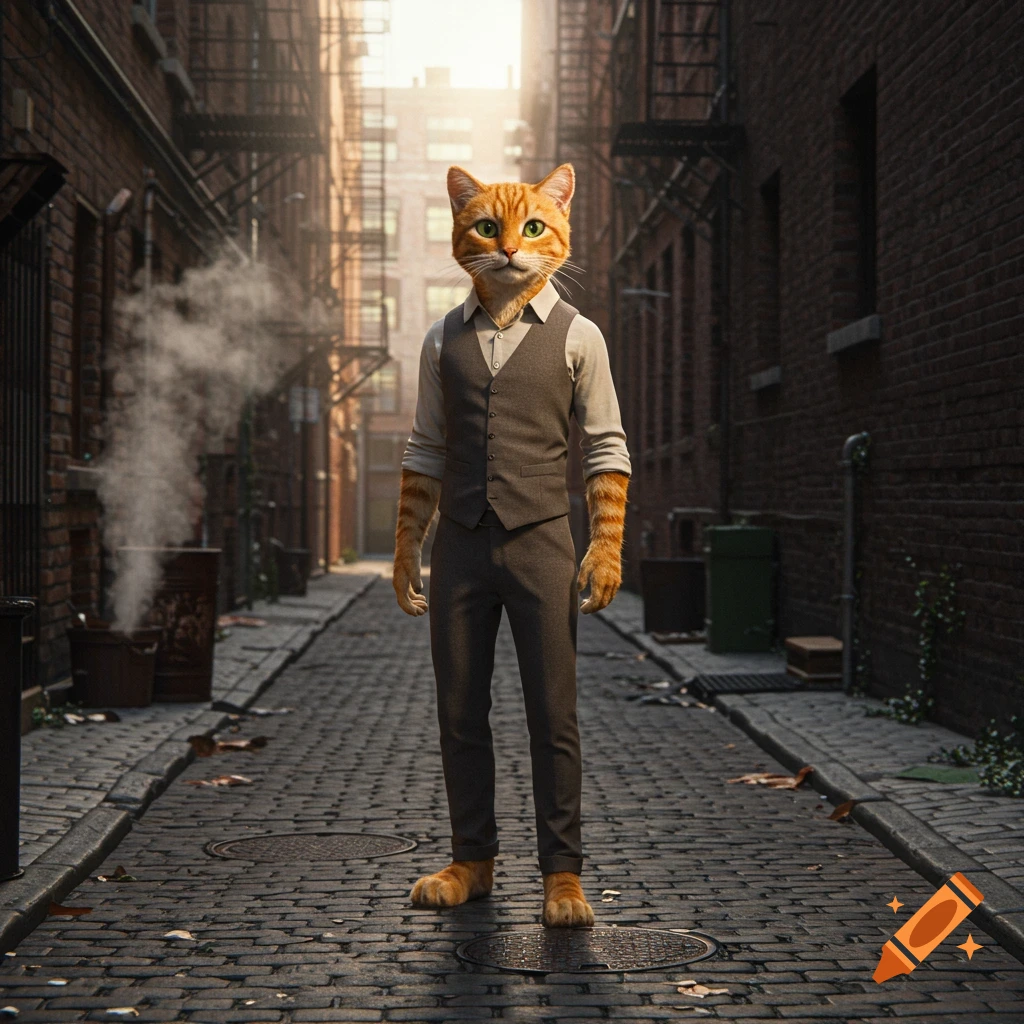 A photorealistic humanoid orange tabby cat dressed in a vest and shirt, standing in an urban alleyway at sunset.