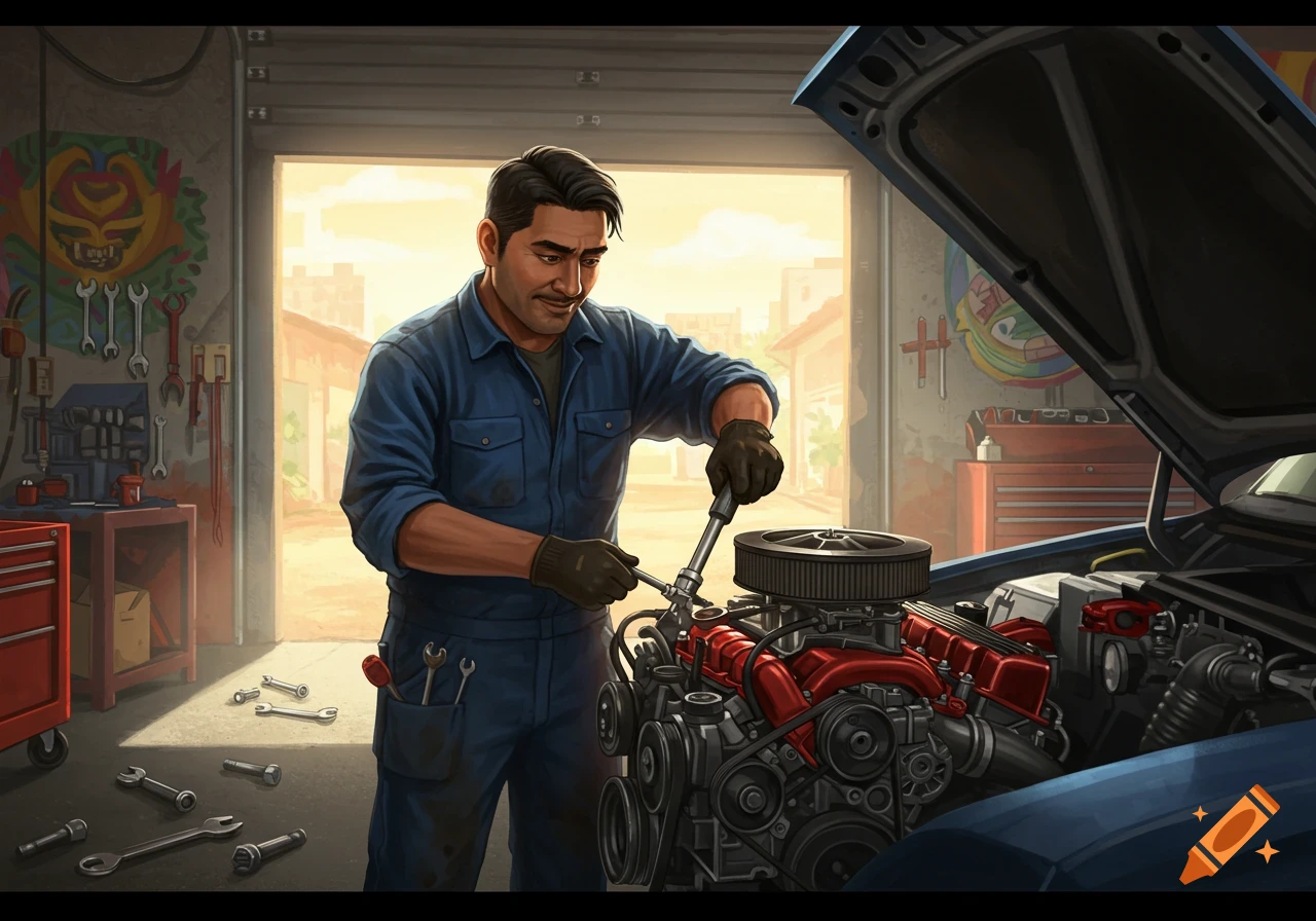 A male mechanic in a blue jumpsuit and gloves works on a red car engine inside a brightly lit garage, surrounded by tools. Illustrated style.