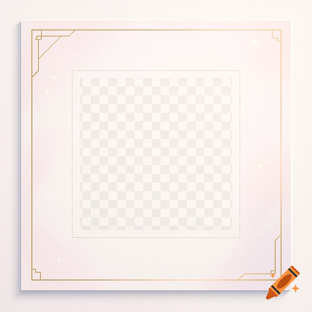 A blank Instagram post template with a gold art deco border on a light pink background, featuring a checkered transparent placeholder.