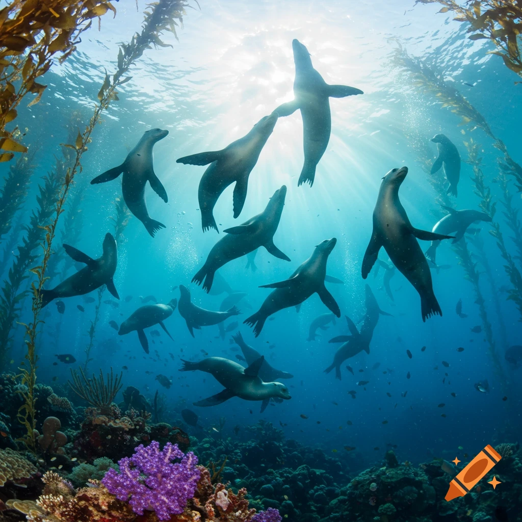 Photorealistic image of many seals swimming gracefully upwards in sunlit blue ocean waters amidst kelp forests and coral reefs.