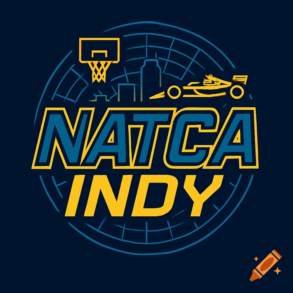 A logo featuring the words NATCA INDY in blue and yellow. Above the text are a basketball hoop, a city skyline, and an Indy race car, all set against a blue grid background.