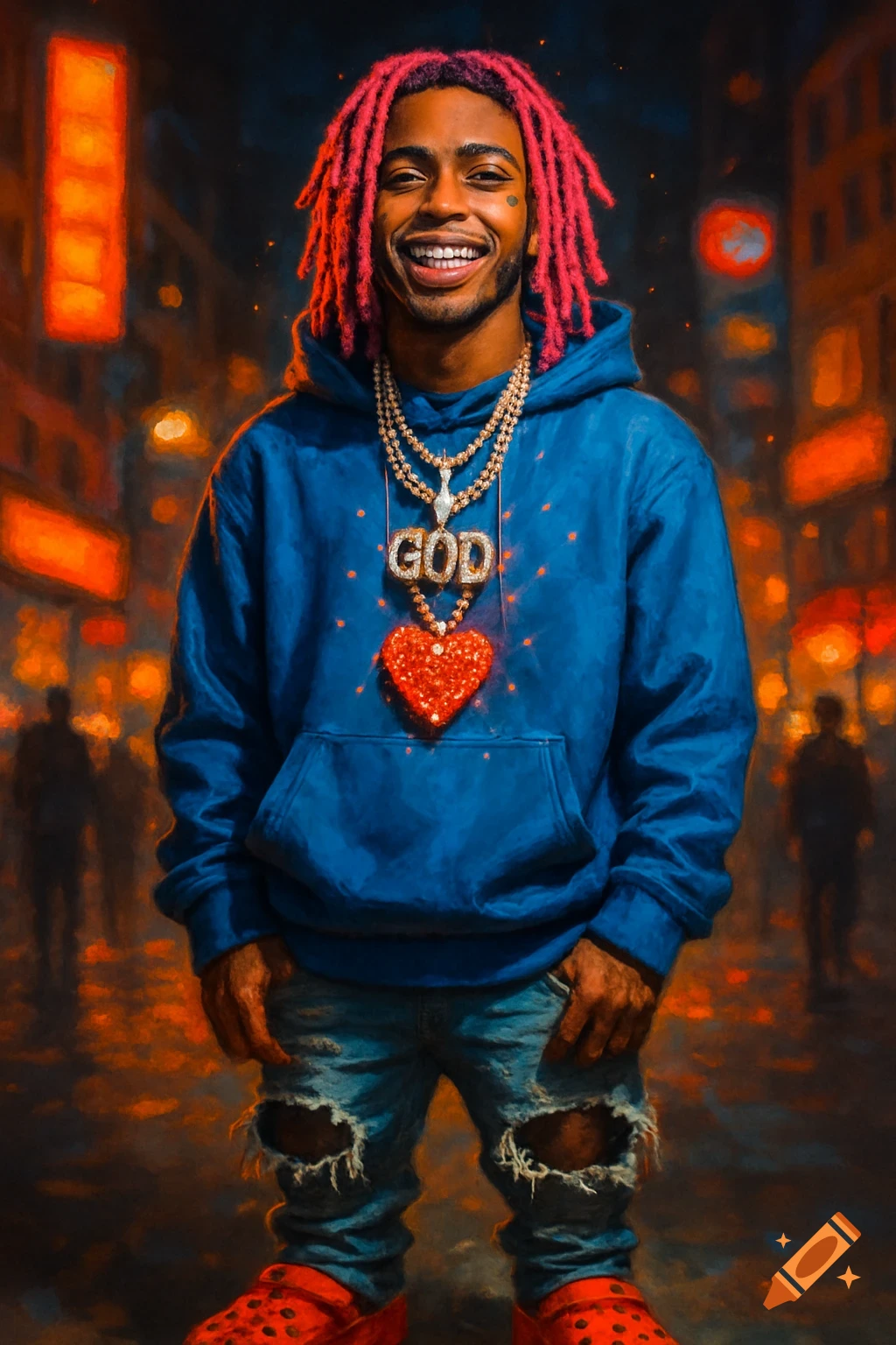 A smiling man with pink dreadlocks, blue hoodie, ripped jeans, red crocs, and diamond chains with 'GOD' and a red heart pendant, standing on a street at night.