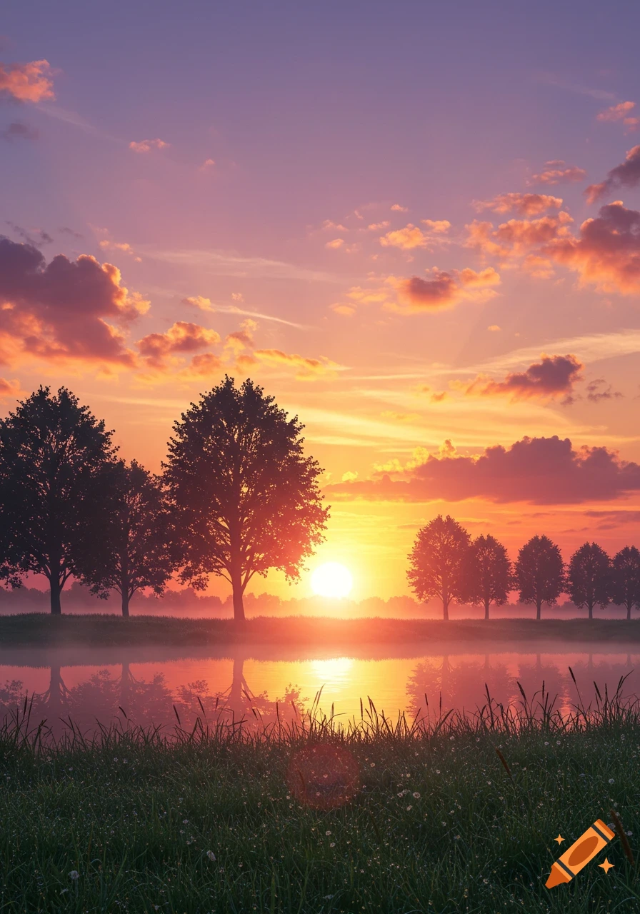 A vibrant sunrise over a misty lake, with silhouetted trees along the shore and reflections in the water.
