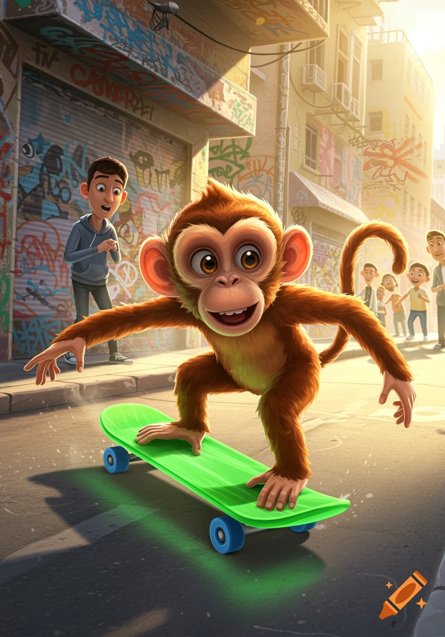 A cartoon monkey grins as it balances on a green skateboard on a city street, with a boy watching and graffiti-covered buildings.