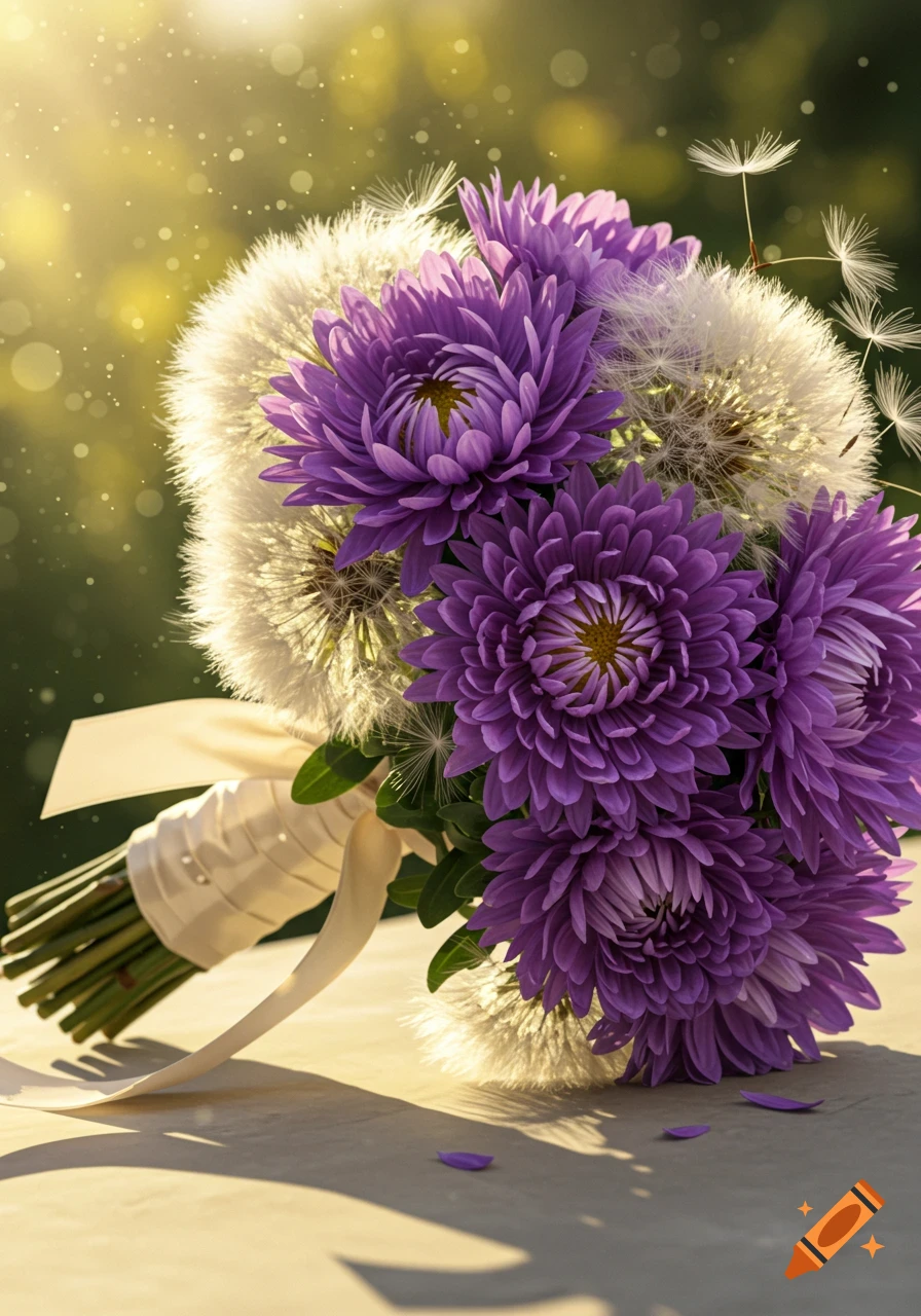 A vibrant bouquet of purple asters and fluffy white dandelions, tied with a cream ribbon, sits in sunlight with floating dandelion seeds.