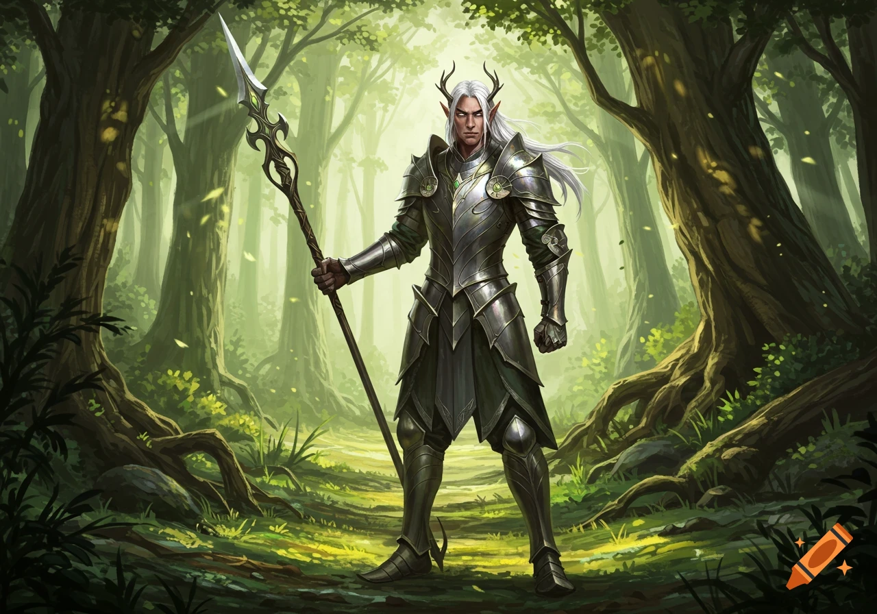 A fantasy elf guard with white hair and small horns stands in full silver armor, holding a long spear in a magical forest.