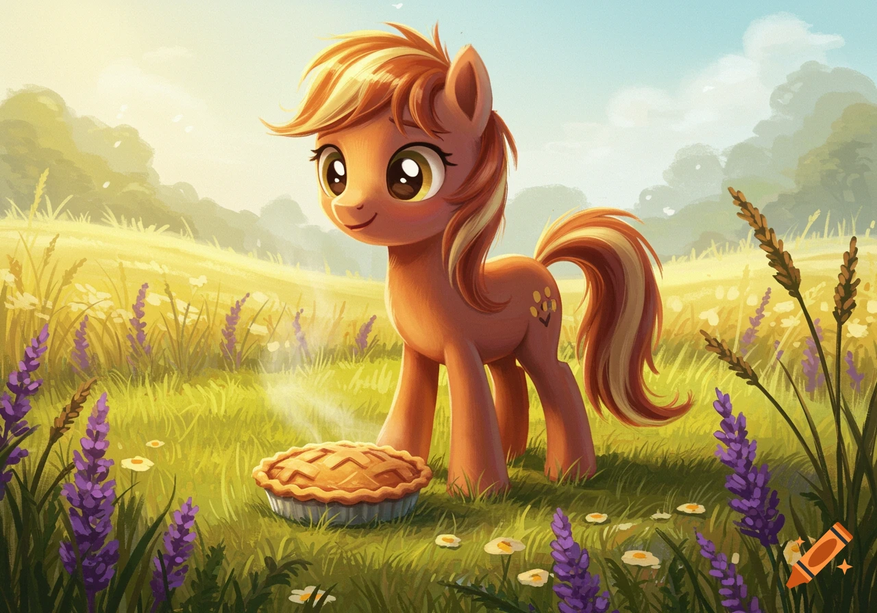 A stylized brown pony with a blonde mane stands in a sunny, grassy field next to a steaming golden-brown pie.