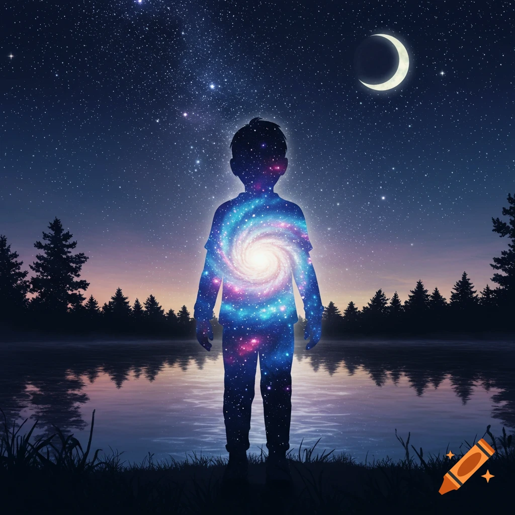 A child's silhouette filled with a glowing galaxy stands by a lake under a starry night sky with a crescent moon.