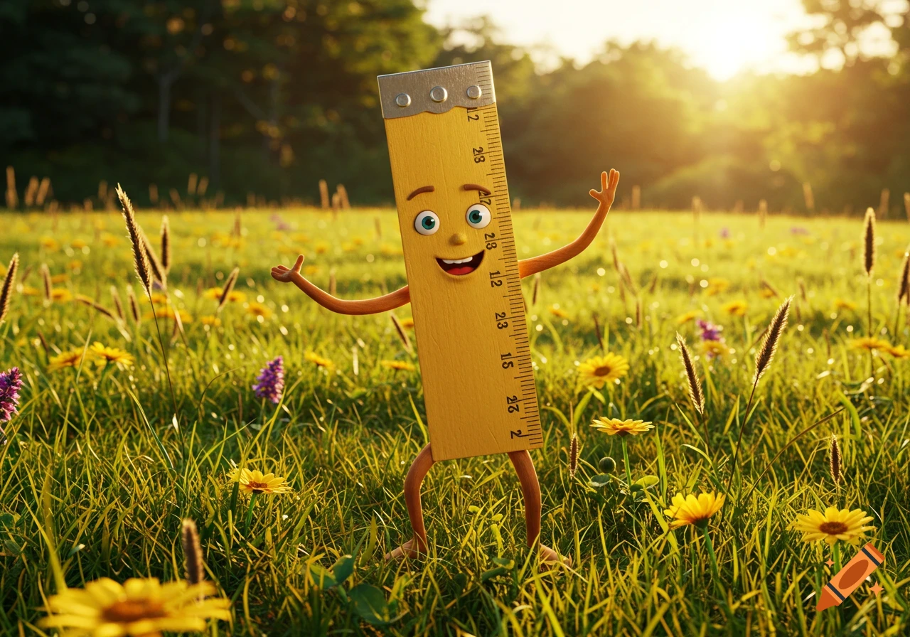 A cheerful, anthropomorphic wooden yardstick with a smiling face, arms, and legs stands in a sunny, flower-filled green field.