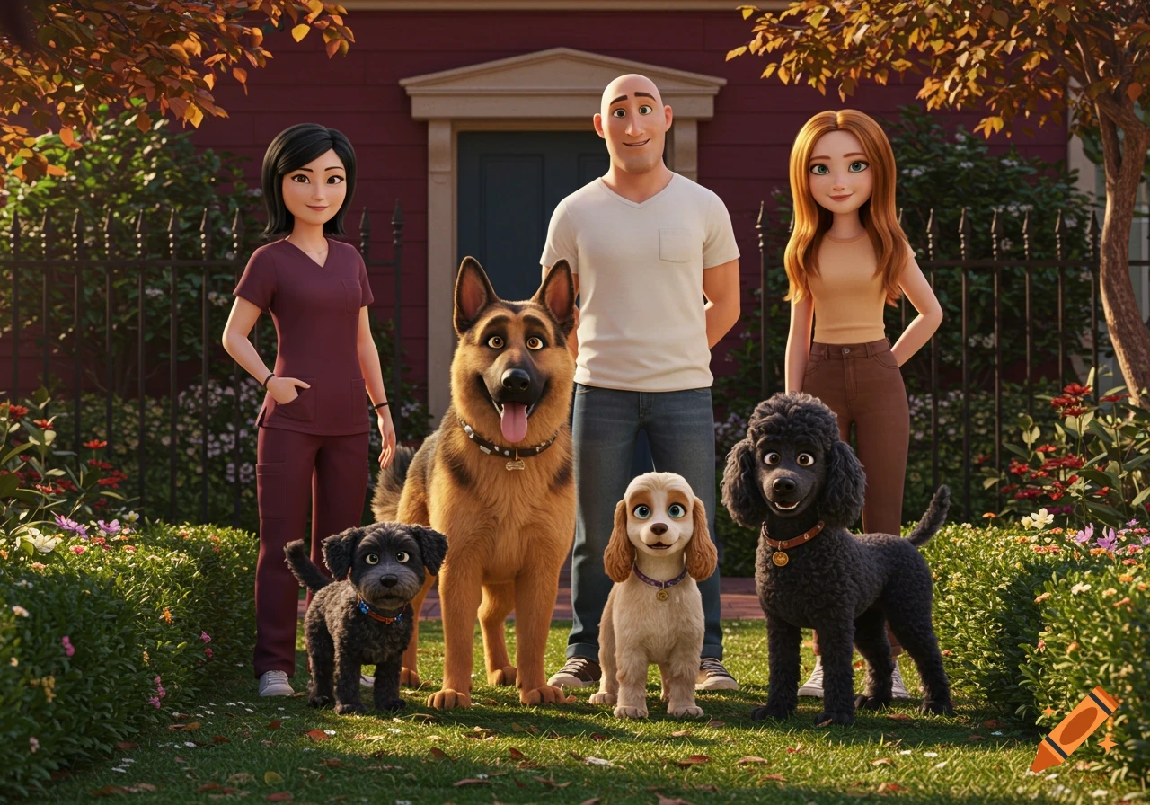 A happy cartoon family with three humans and four diverse dogs posing in a sunny garden in front of a house, Pixar animation style.