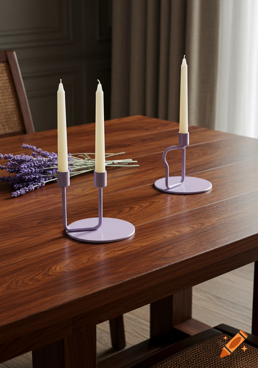 Two candles in light purple metal candle holders on an artisanal mahogany table, with lavender stems beside them. Photorealistic.
