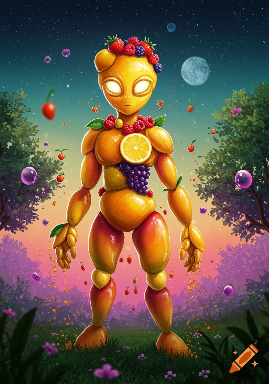 A colorful alien made of various fruits, with glowing eyes and a berry crown, stands in a vibrant, starry landscape.