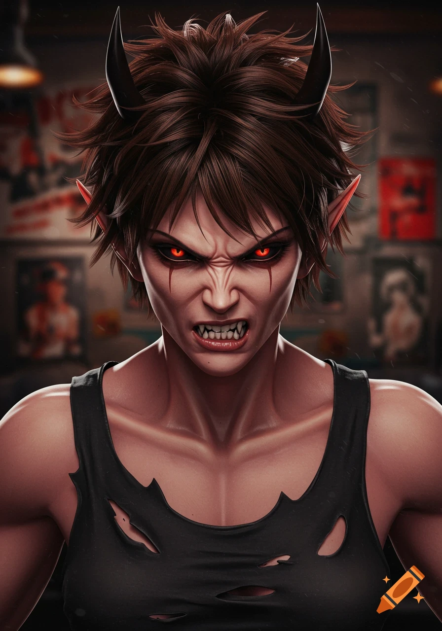 Detailed portrait of an angry anime woman with devil horns, pointed ears, glowing red eyes, and a torn black tank top.