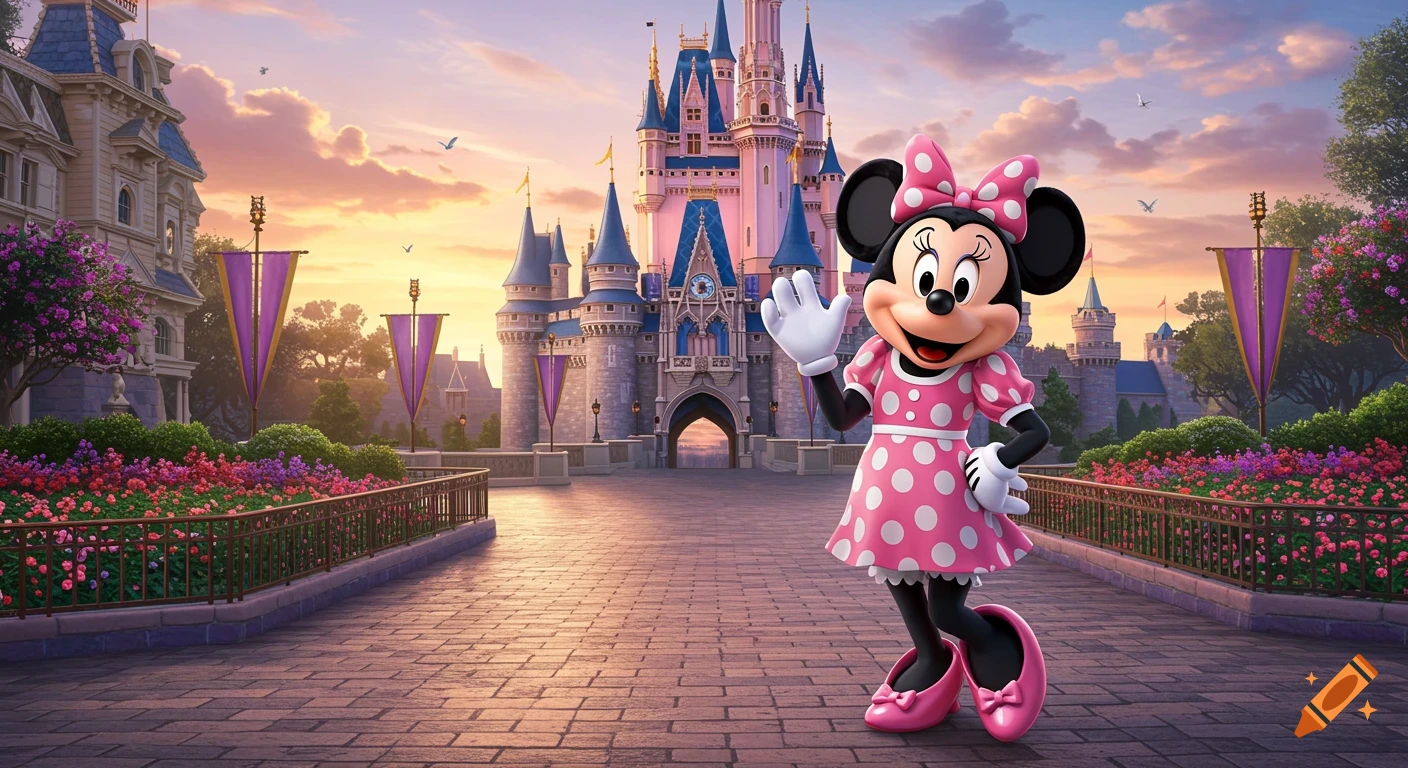 Minnie Mouse in a pink polka dot dress waves in front of a colorful Disney-style castle at sunset with gardens.