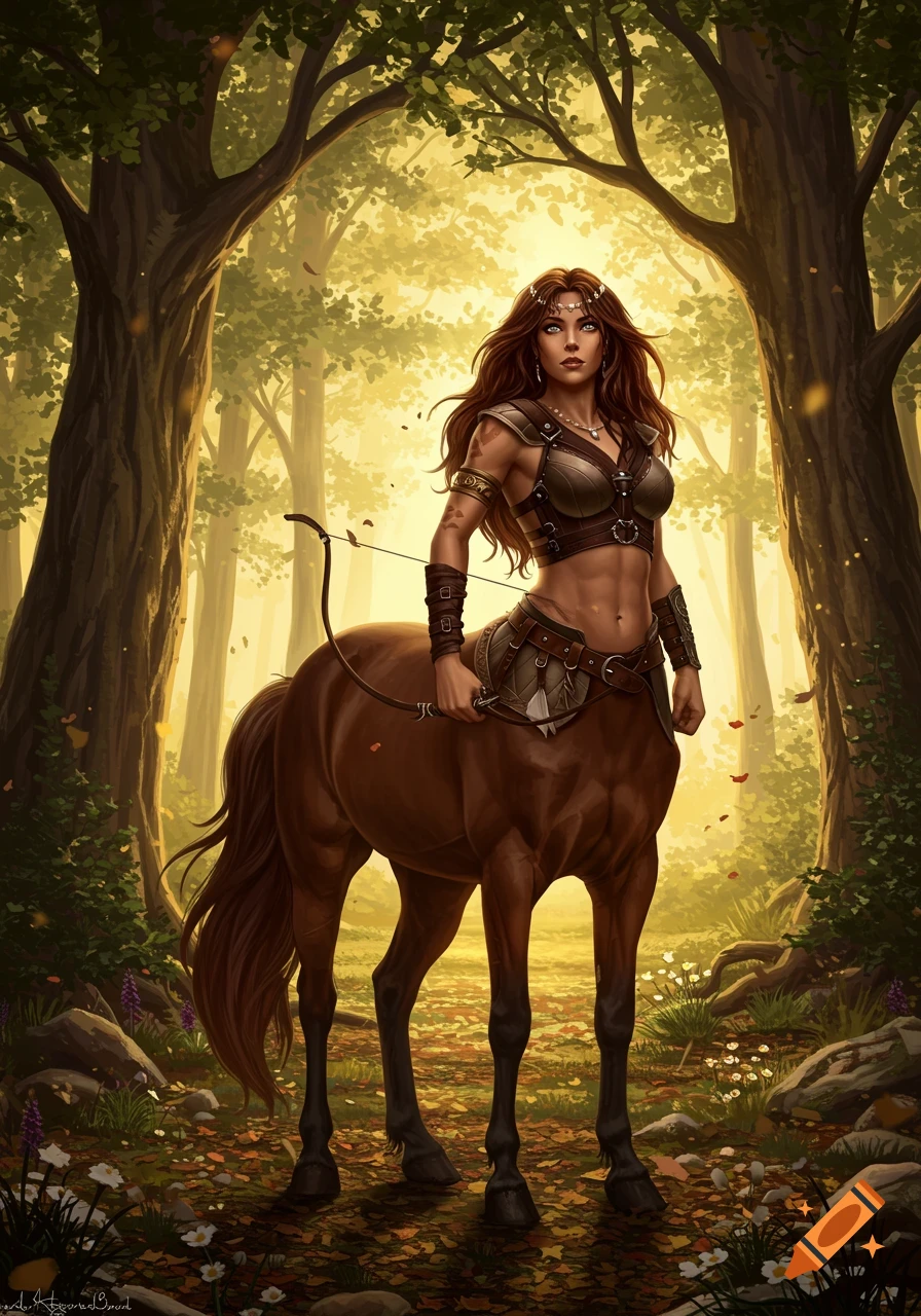 A female centaur with long brown hair, wearing leather armor and holding a bow, stands in a sunlit forest surrounded by trees and fallen leaves.