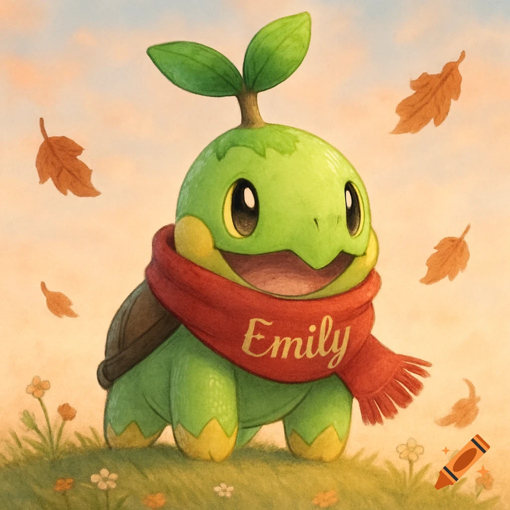 A green Turtwig Pokemon wearing a red scarf with 'Emily' on it, standing in an autumnal field with falling leaves. Illustrated.