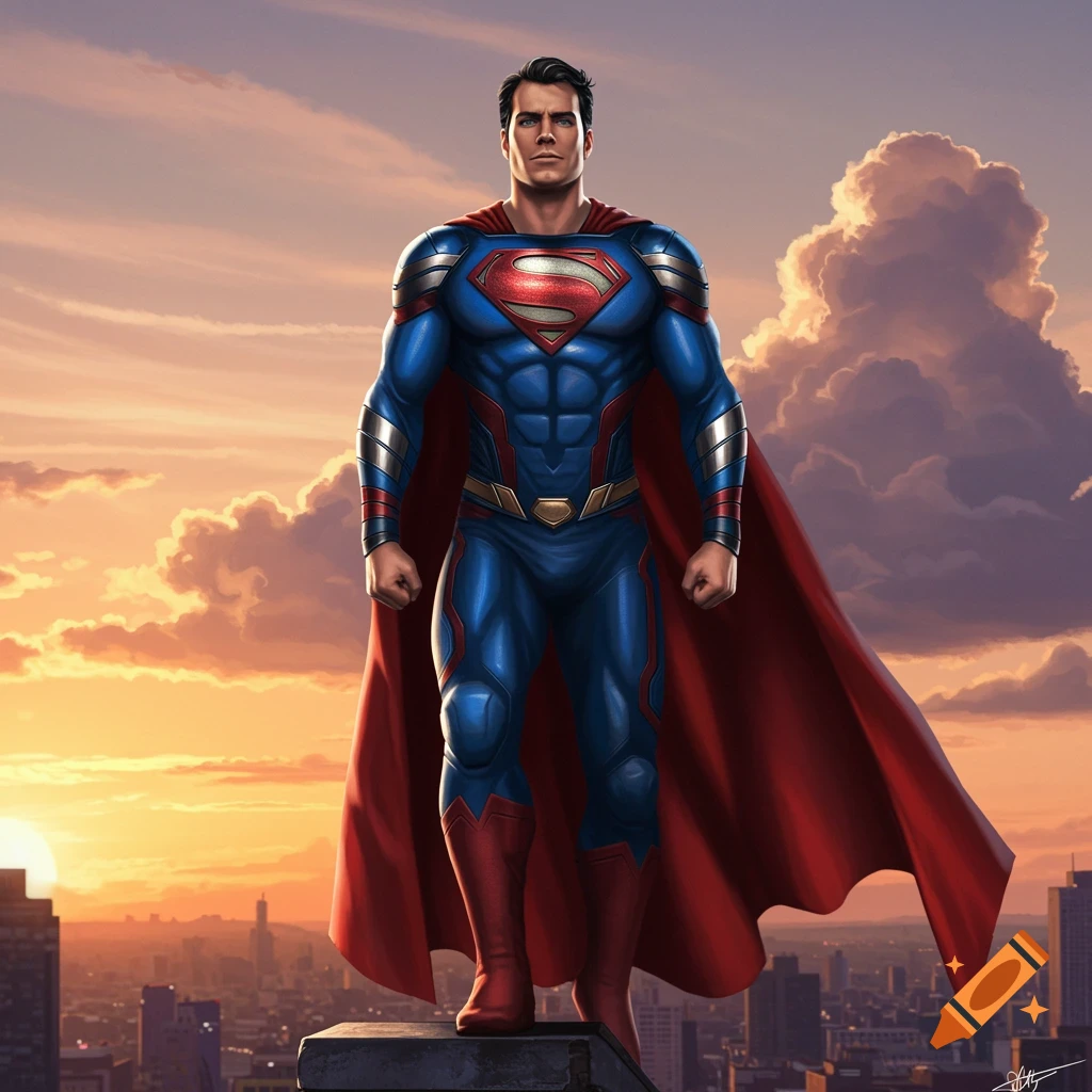Superman in a Captain America-themed suit stands on a rooftop overlooking a city skyline at sunset.