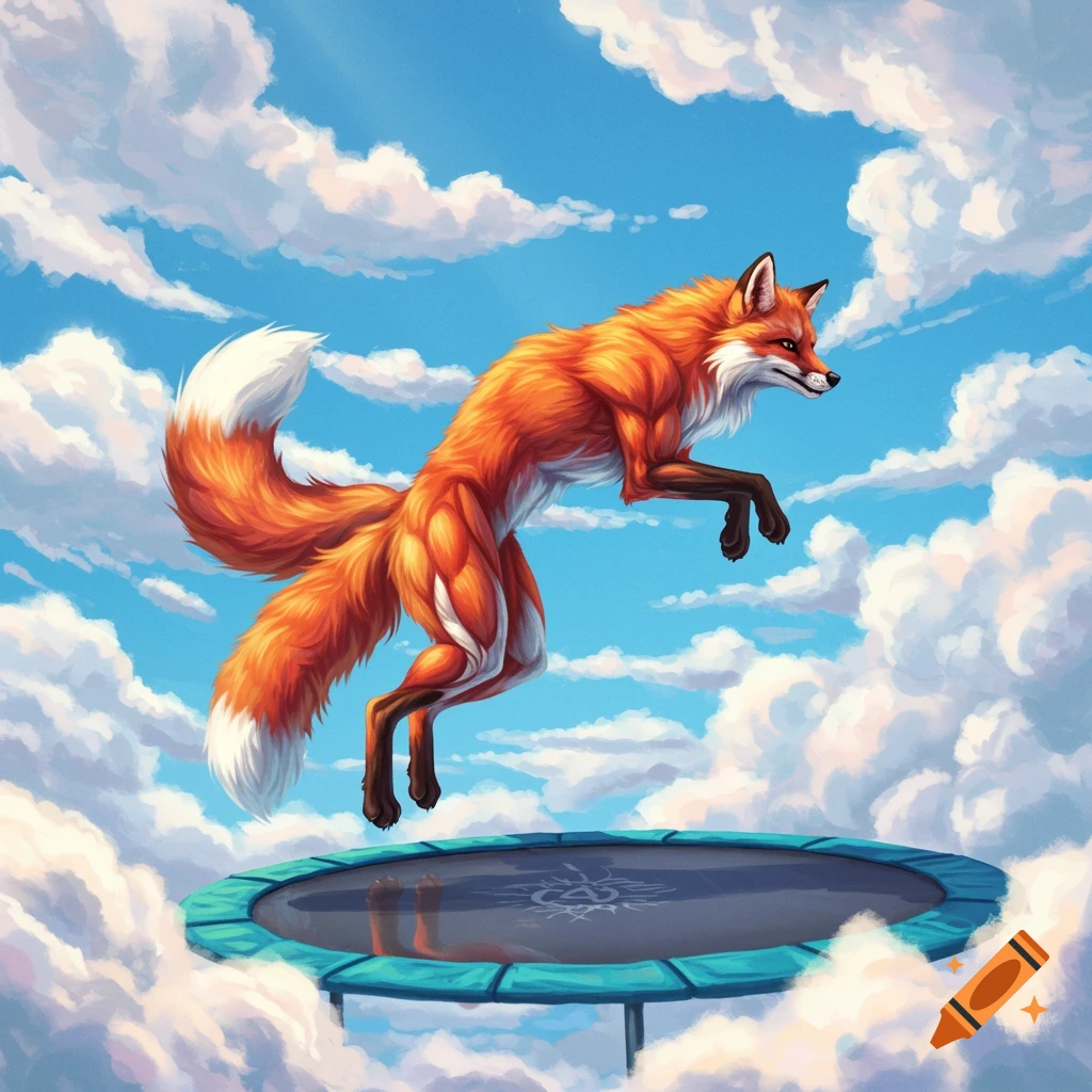 Illustrated muscular orange fox jumping high on a trampoline amidst white clouds in a blue sky.