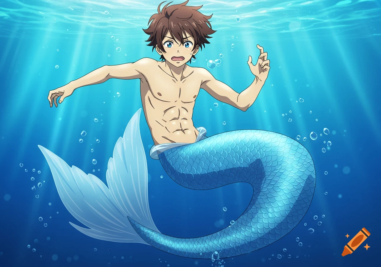 Anime merman with brown hair, blue eyes, shirtless, blue tail, underwater with bubbles and light rays.