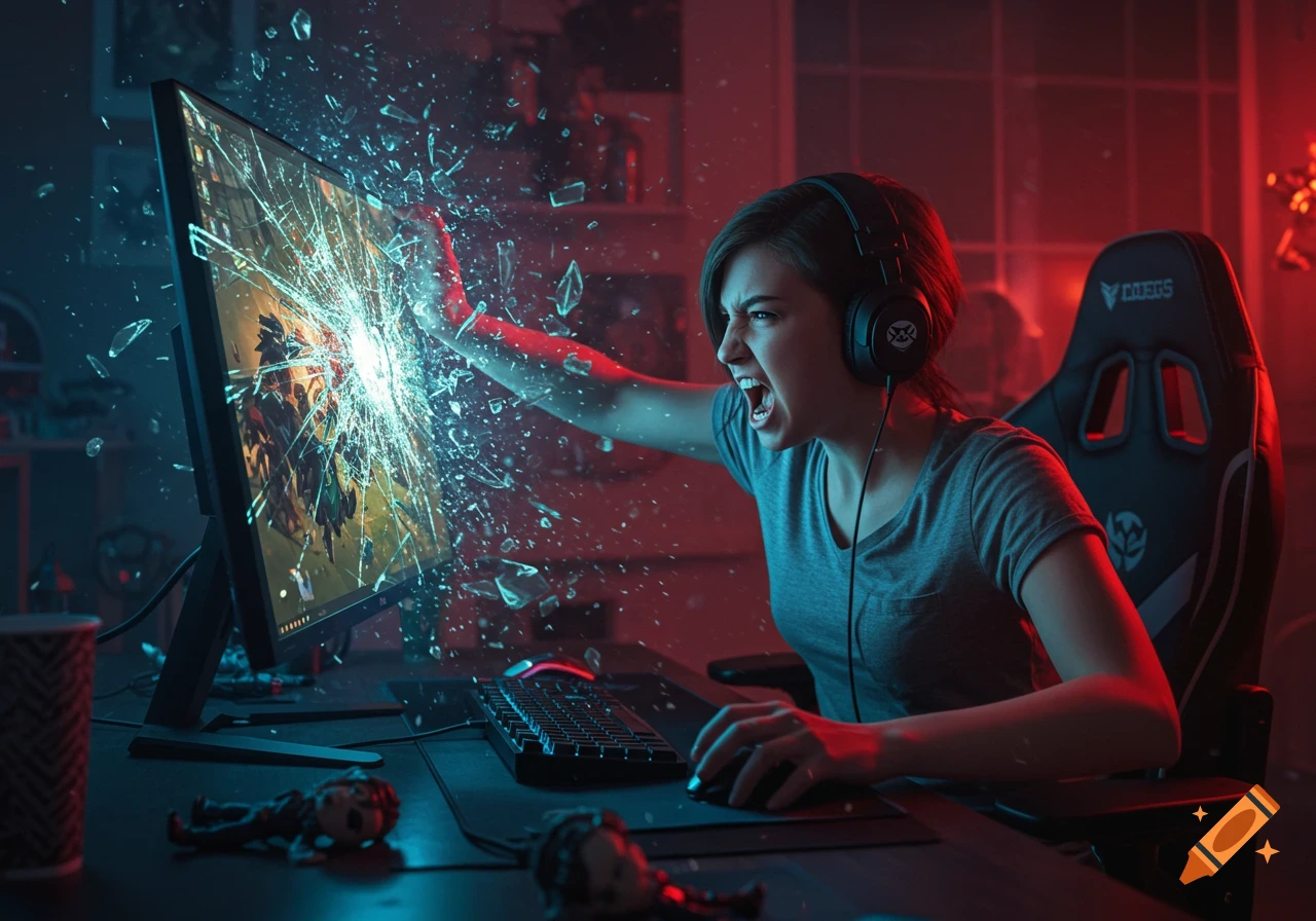 A woman with headphones punches and shatters a computer monitor while gaming, in a scene lit by red and blue light.