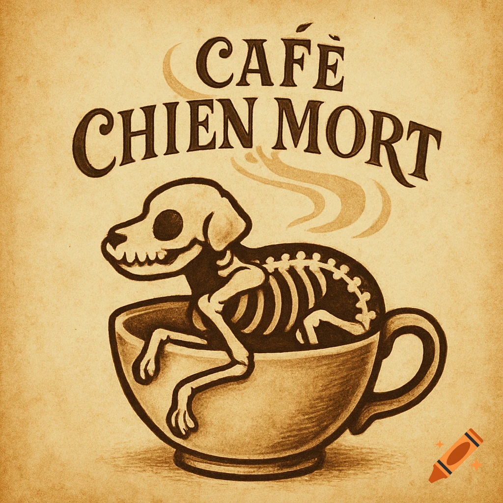 Vintage-style illustration of a dog skeleton in a coffee mug with 'CAF CHIN MORT' text above.