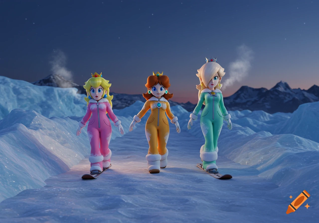 Princess Peach, Daisy, and Rosalina in full snow jumpsuits, walking on skis through a snowy mountain landscape at dusk.