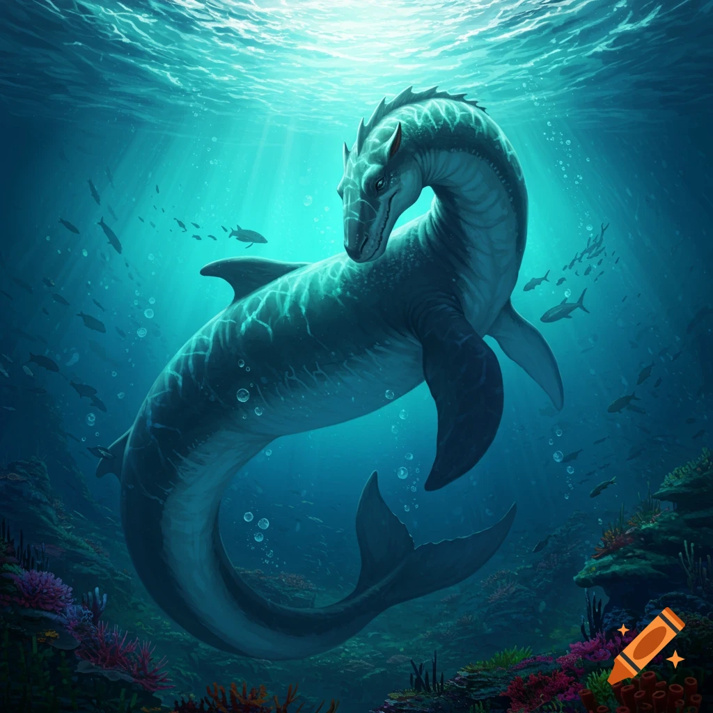 A majestic sea creature, resembling a plesiosaur or dragon, swims gracefully in sunlit blue ocean waters above a coral reef.