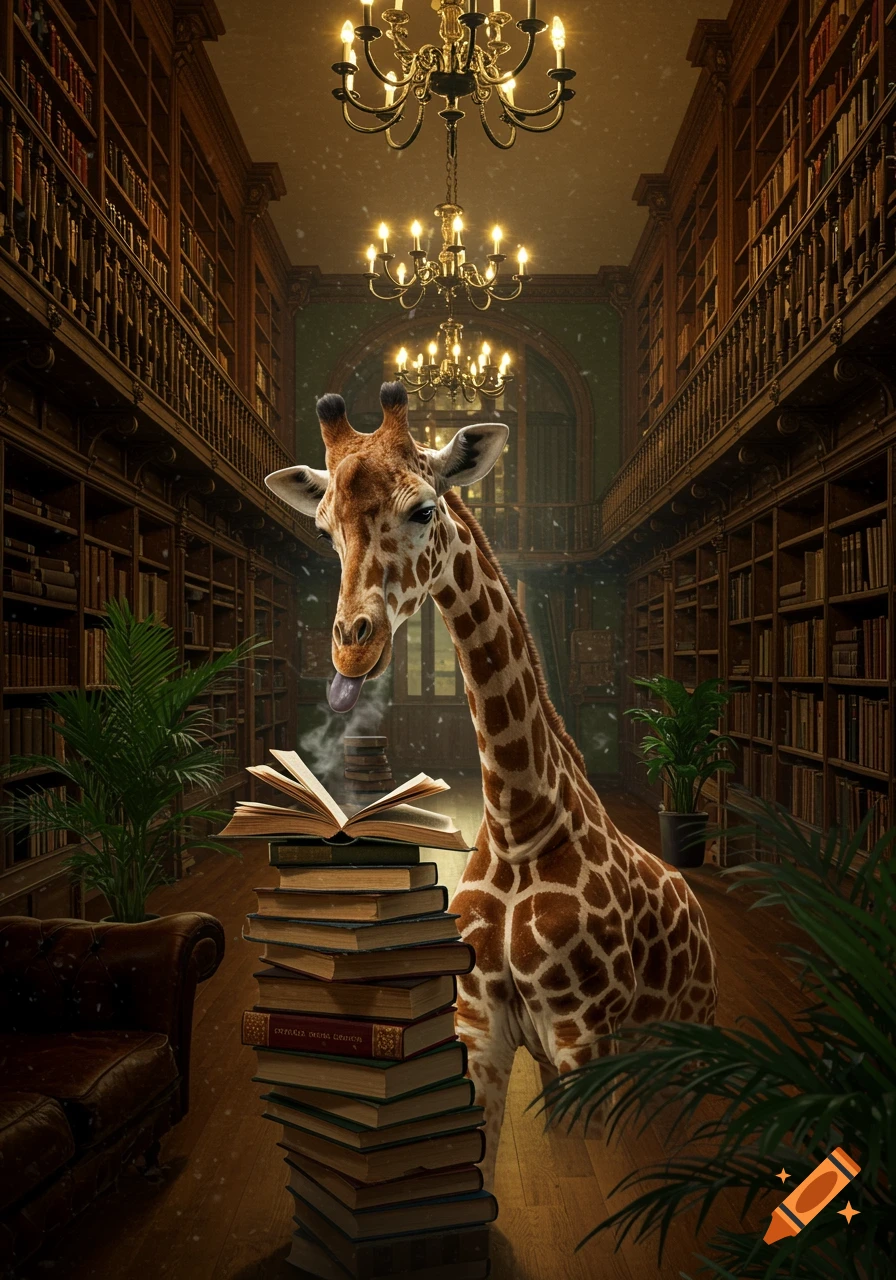 Photorealistic image of a giraffe with its tongue out, standing in a grand library, looking at a stack of steaming books.