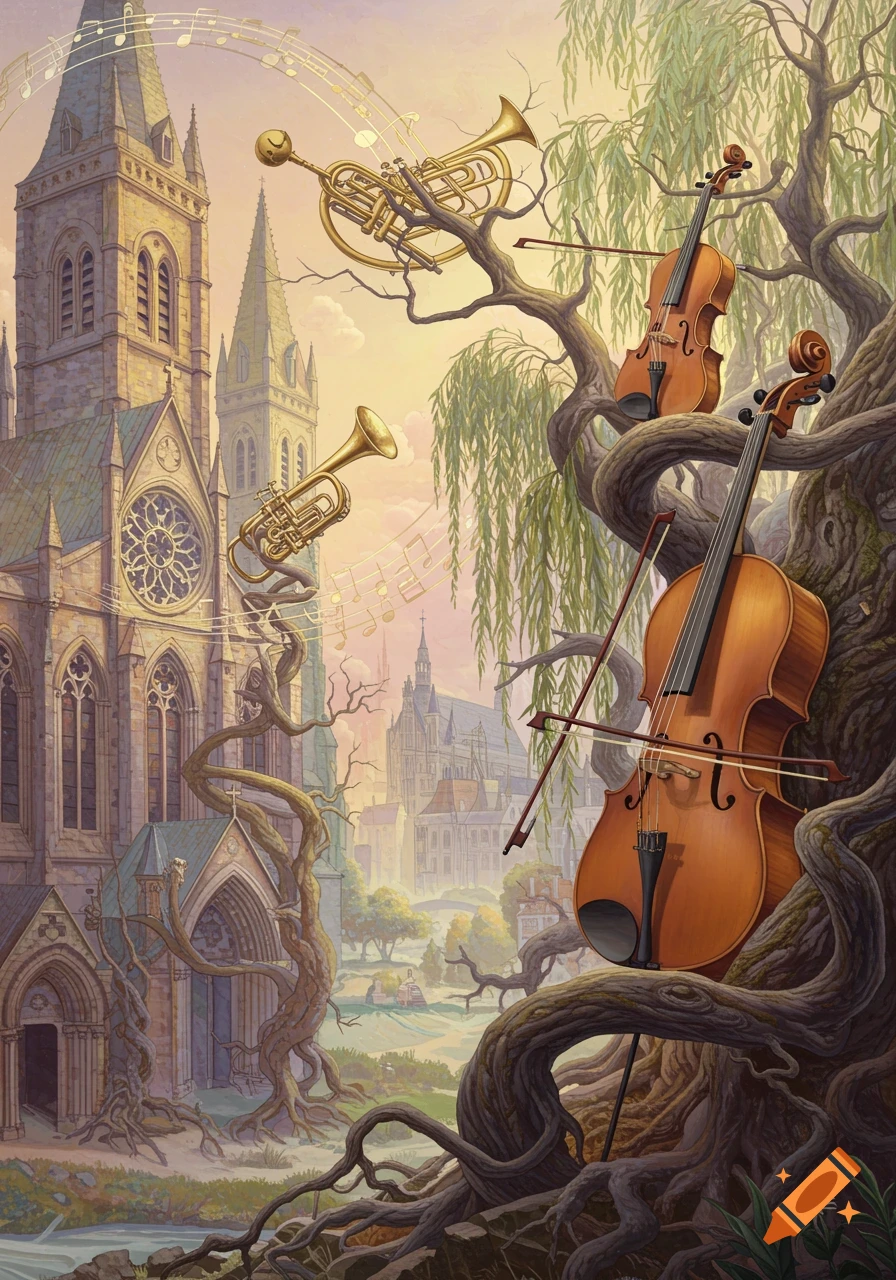 Surreal painting of a grand cathedral with twisted trees holding floating brass instruments, violins, and cellos.