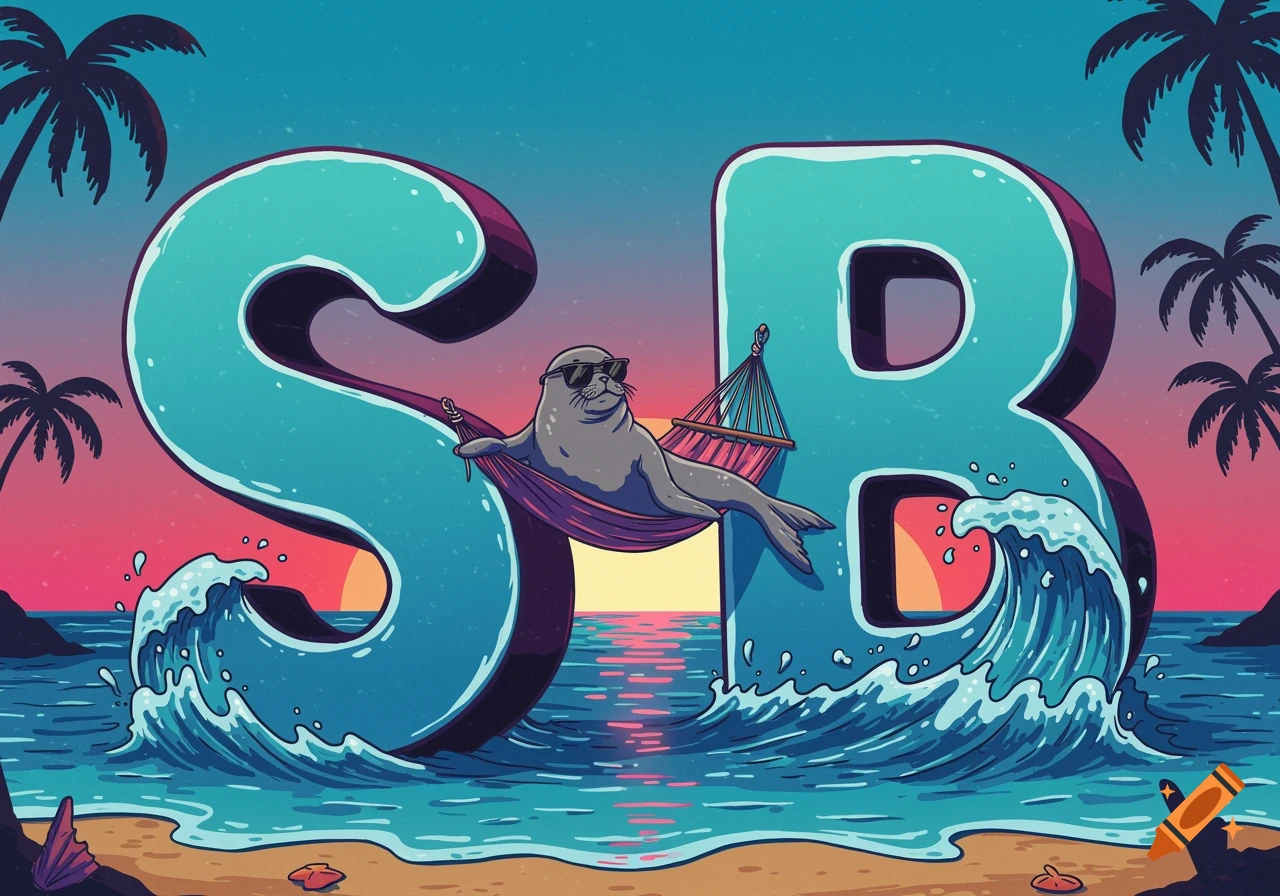 A cartoon seal wearing sunglasses relaxes in a hammock strung between large letters S and B on a beach at sunset with waves.