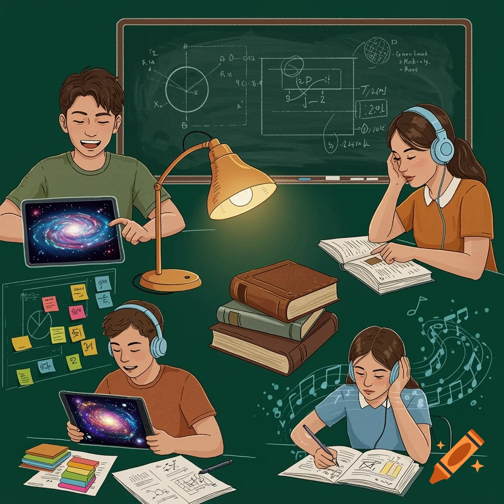 An illustration of four students engaged in different learning activities, including reading books, using tablets, and writing, with a blackboard in the background.