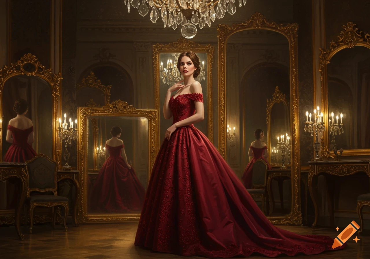 A woman in a long red off-the-shoulder gown stands elegantly in an opulent room with multiple ornate gilded mirrors.