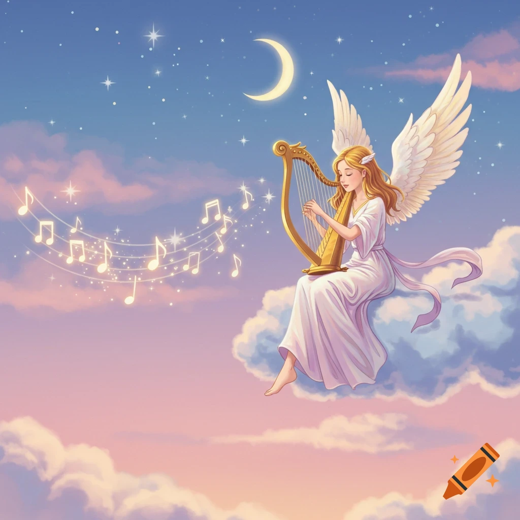 A blonde angel in a white gown plays a golden harp on a cloud, with glowing musical notes, under a starry sky and crescent moon, cartoon style.