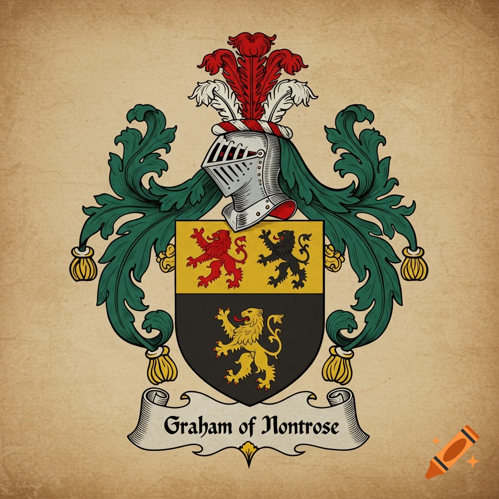A heraldic crest featuring a helmet, shield with lions, and a banner reading 'Graham of Montrose' on an aged paper background.