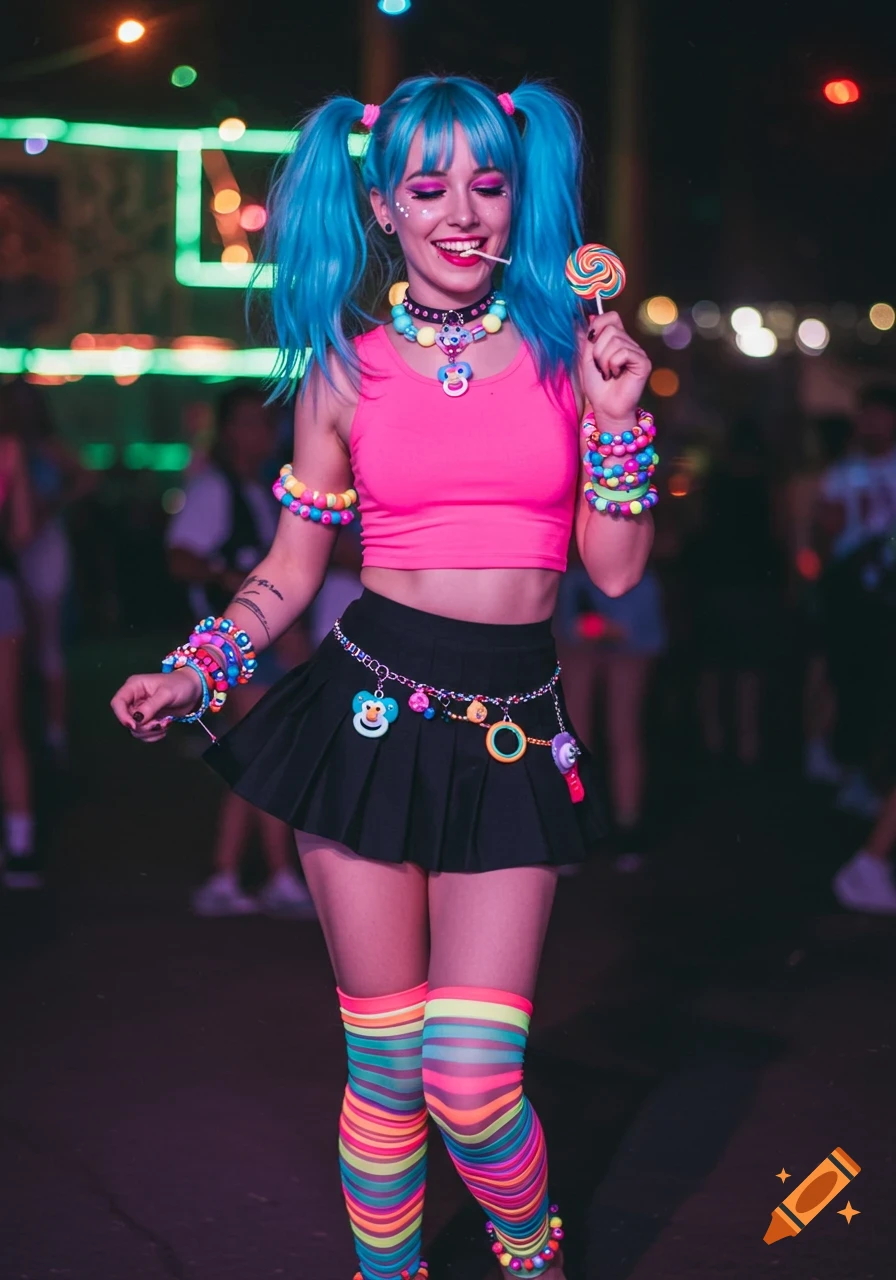 A woman with blue pigtails in a pink crop top, black mini skirt, and neon striped tights, holding a lollipop at a rave.