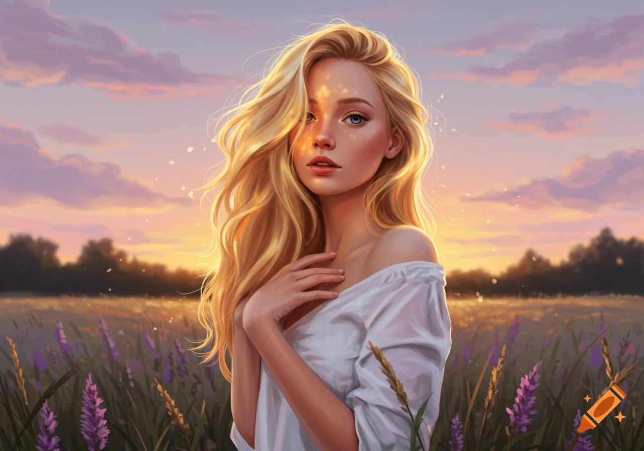 A young blonde woman in a white off-shoulder top stands in a purple flower field at sunset, artistic style.