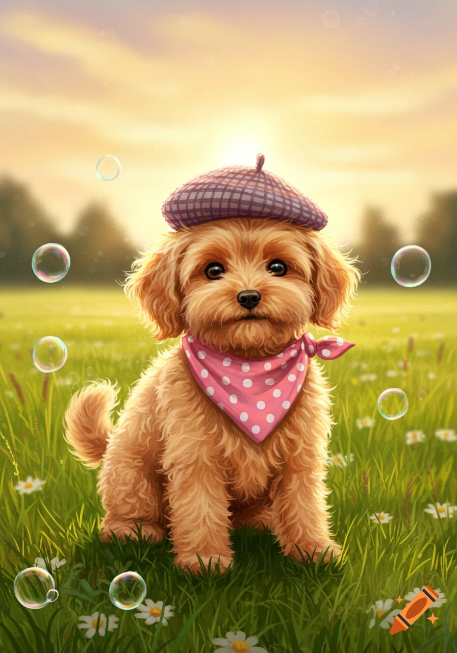 A fluffy golden-brown puppy wearing a plaid beret and a pink polka-dot bandana sits in a grassy field with bubbles and white flowers at sunset. Illustration.