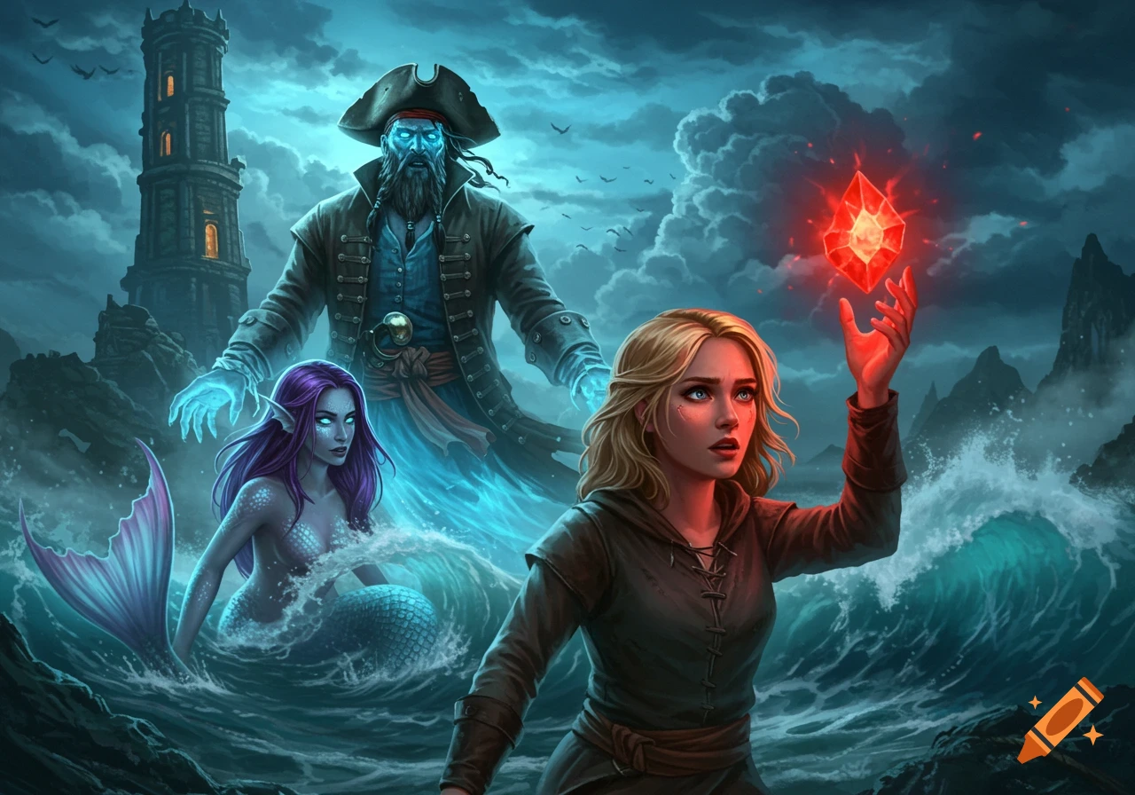 A blonde woman holds a glowing red crystal as a spectral pirate and a purple mermaid emerge from a stormy sea with a spiraling tower in the background.