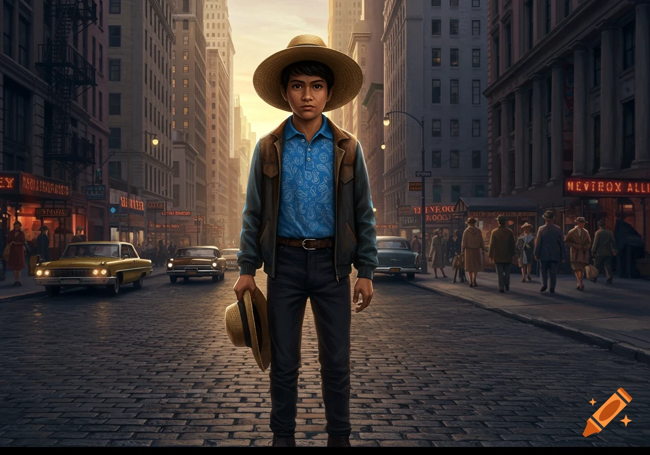 A teenage boy in a straw hat and blue paisley shirt stands on a cobblestone street in a 1960s city with vintage cars and tall buildings.