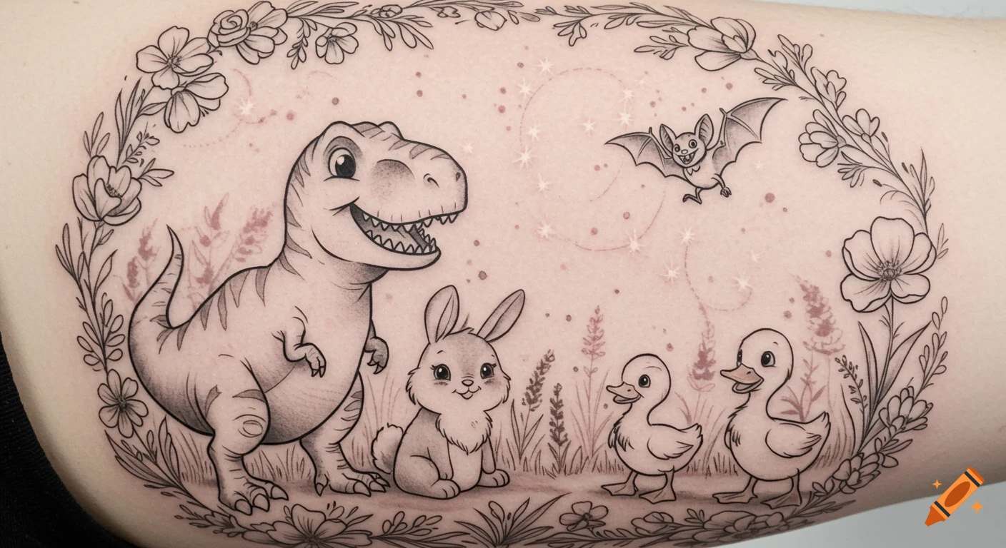 A black and gray cartoon tattoo on skin, depicting a friendly T-Rex, a bunny, two ducklings, and a bat in a floral border with faint stars.