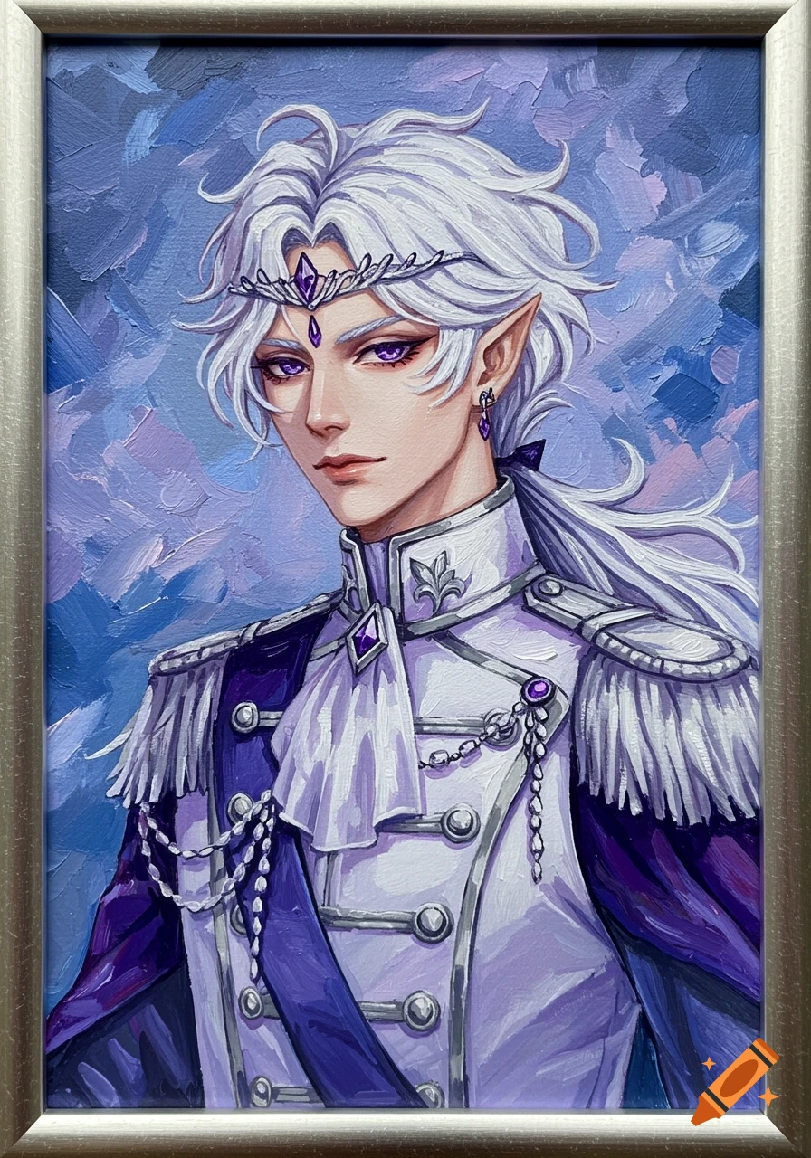 Impressionist oil painting of an anime man with white hair, purple eyes, elven ears, wearing a white and purple military coat and silver tiara.