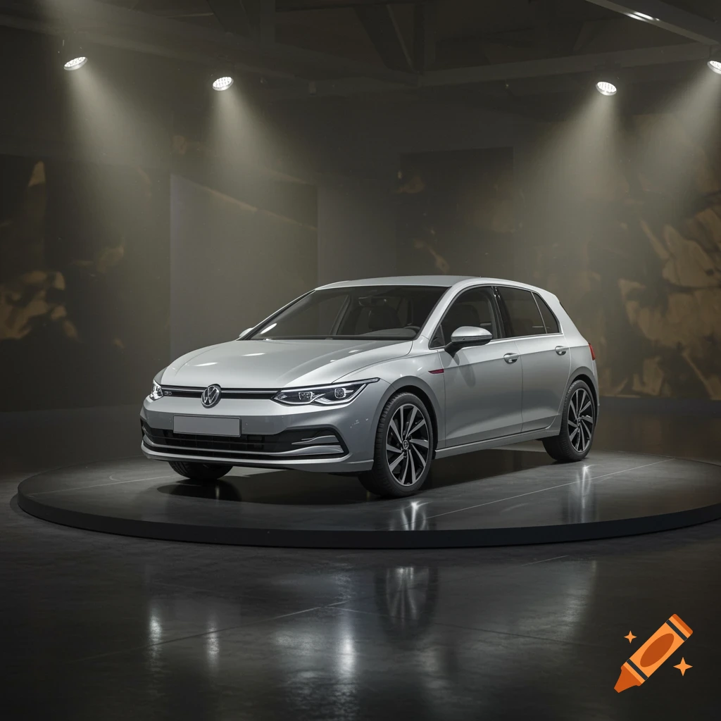 A silver Volkswagen hatchback car is showcased on a black circular podium under spotlights.