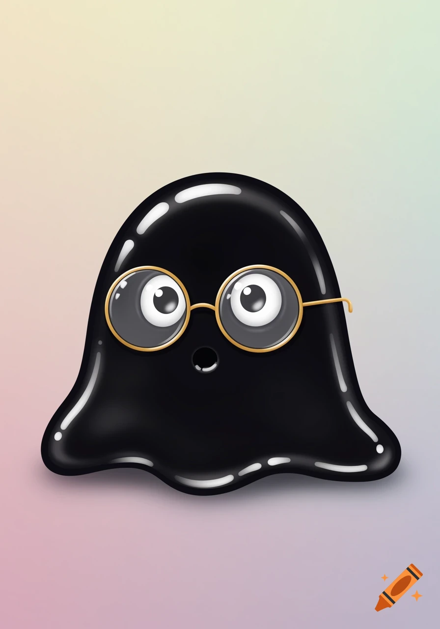 A glossy black cartoon blob character with large white eyes and black pupils, wearing gold-rimmed round glasses.