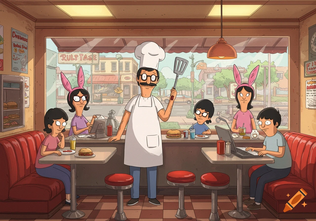 Bob's Burgers style illustration of the Belcher family inside their burger restaurant, with Bob wearing a chef's hat.