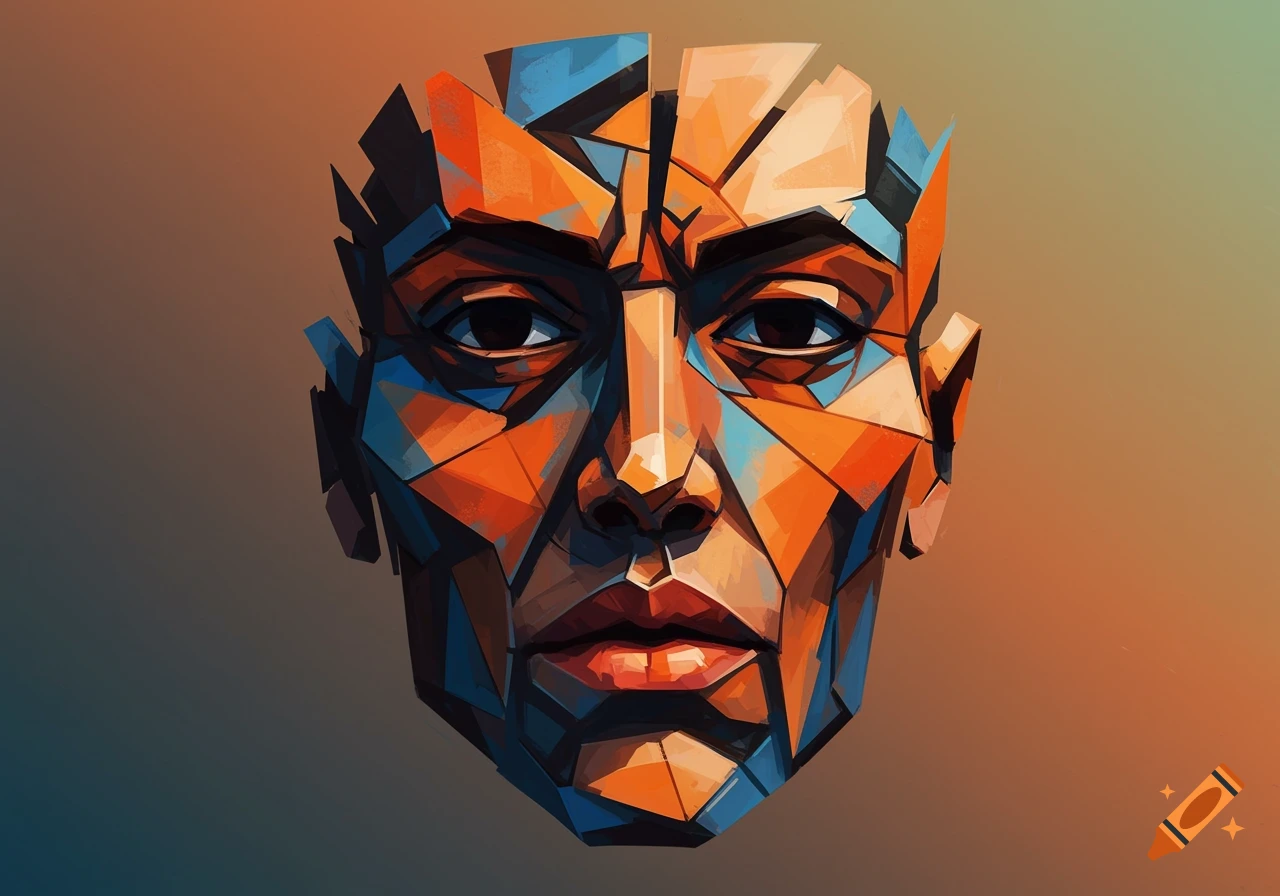 An abstract cubism portrait of a face, composed of geometric shapes in shades of orange, blue, and brown, against a gradient background.