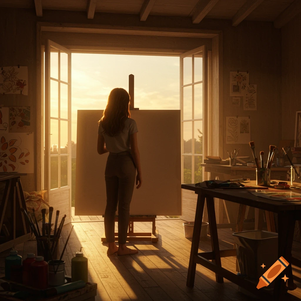A girl stands in an art studio, backlit by golden hour sunlight, looking at a blank canvas on an easel.