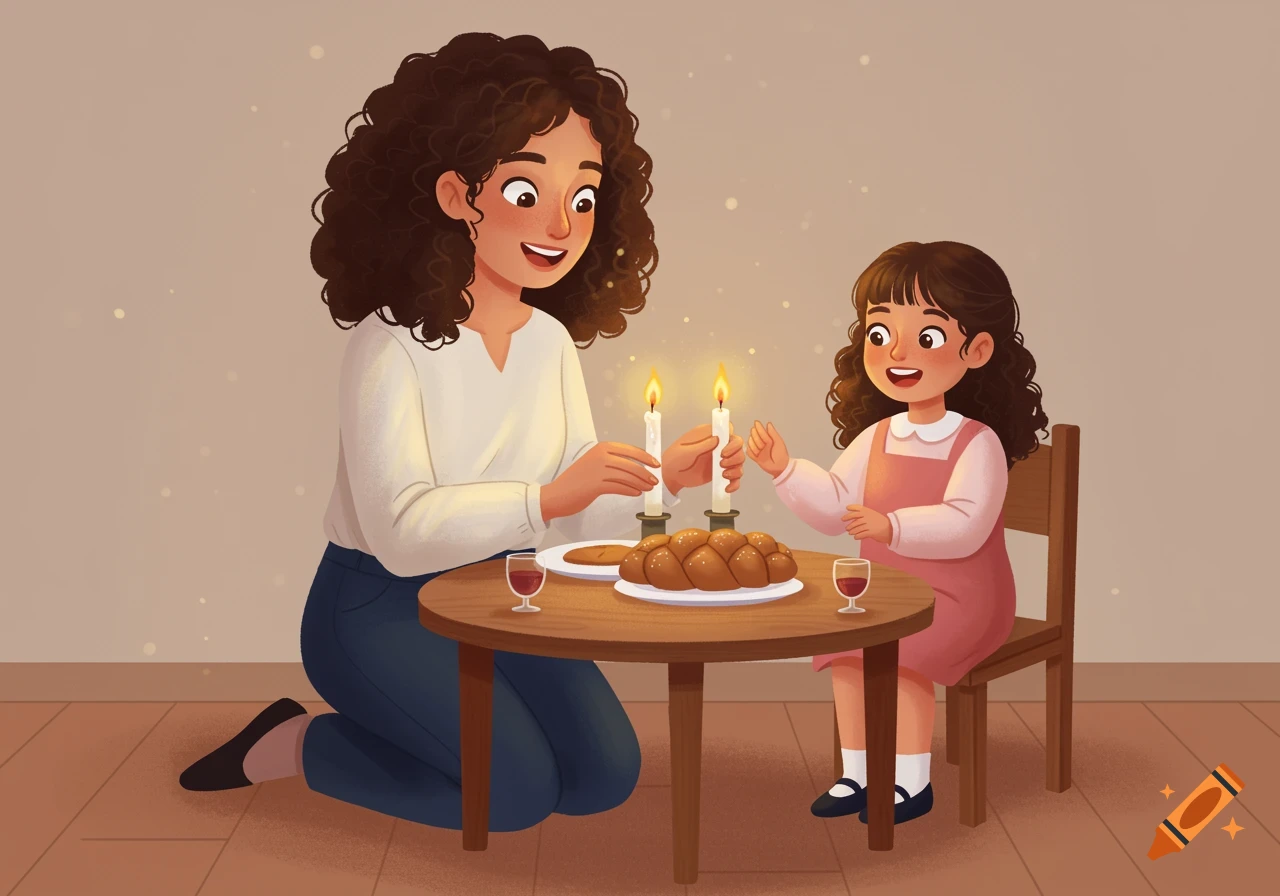 A cute cartoon illustration of a Jewish mother and her young daughter lighting Shabbat candles at a table with challah and wine.