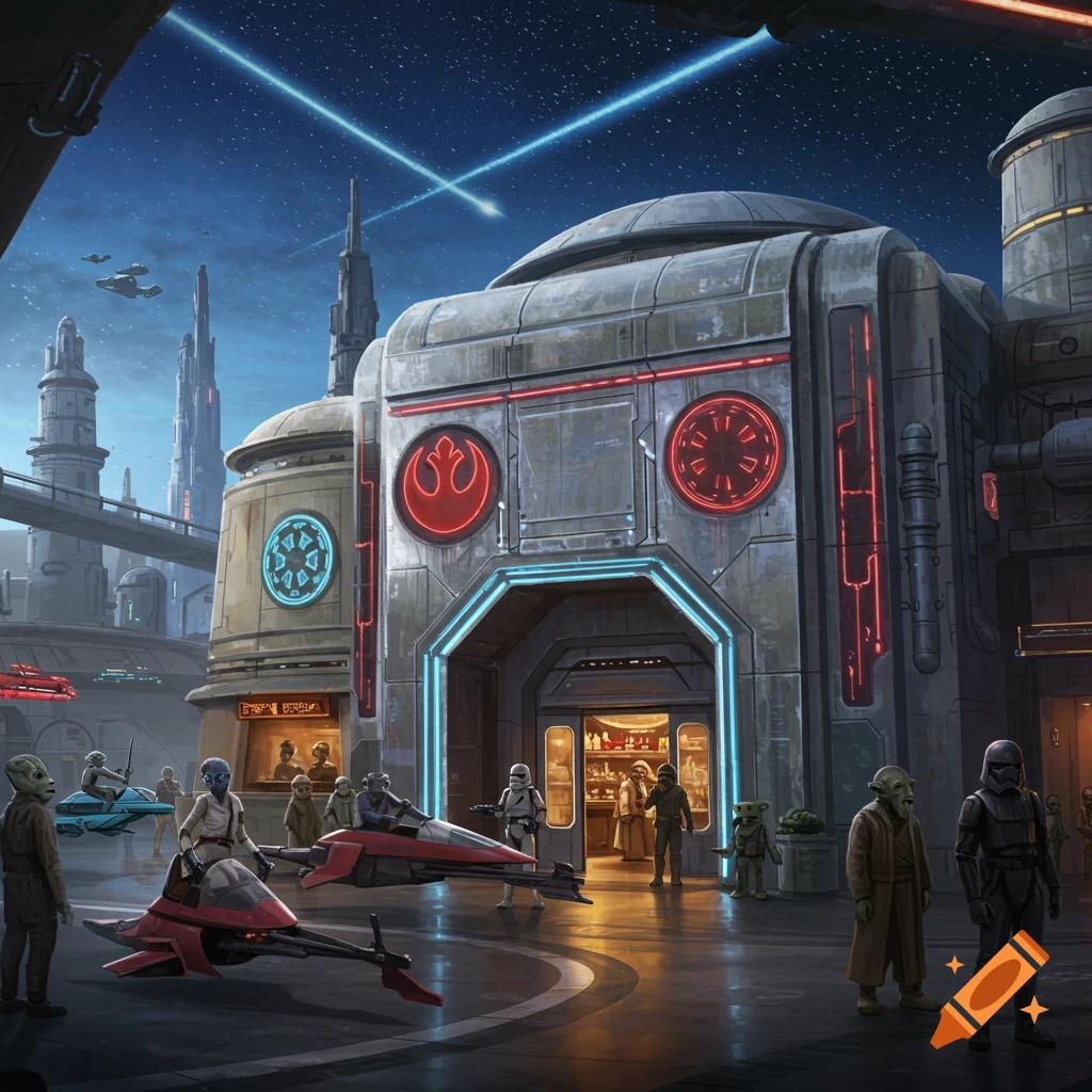 A bustling Star Wars city street scene at night with alien creatures, stormtroopers, speeder bikes, and glowing buildings under a starry sky.